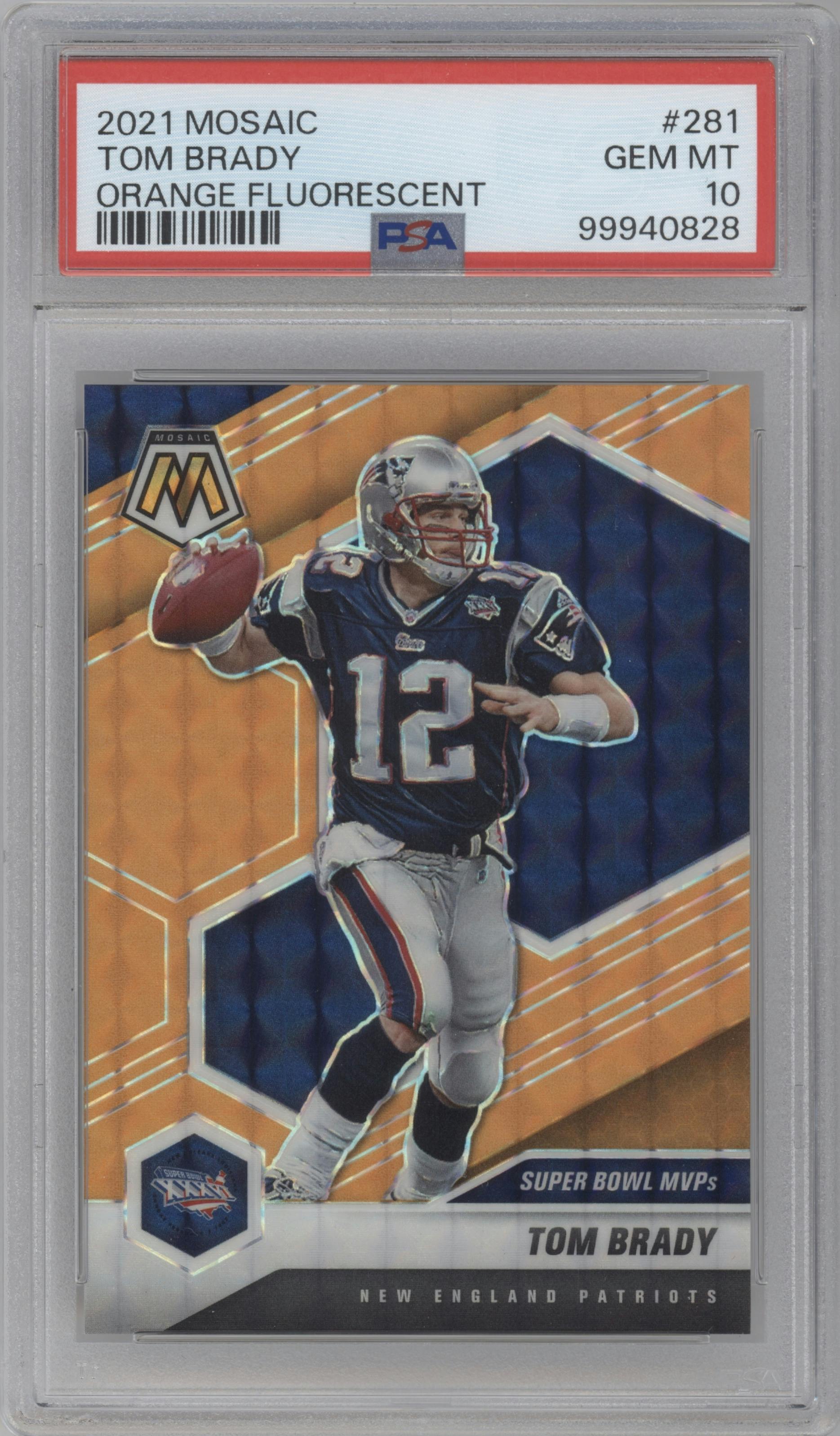 Tom Brady from the 2021 Panini Mosaic set featuring a Orange Fluorescent parallel graded by PSA and given an overall grade of 10.
