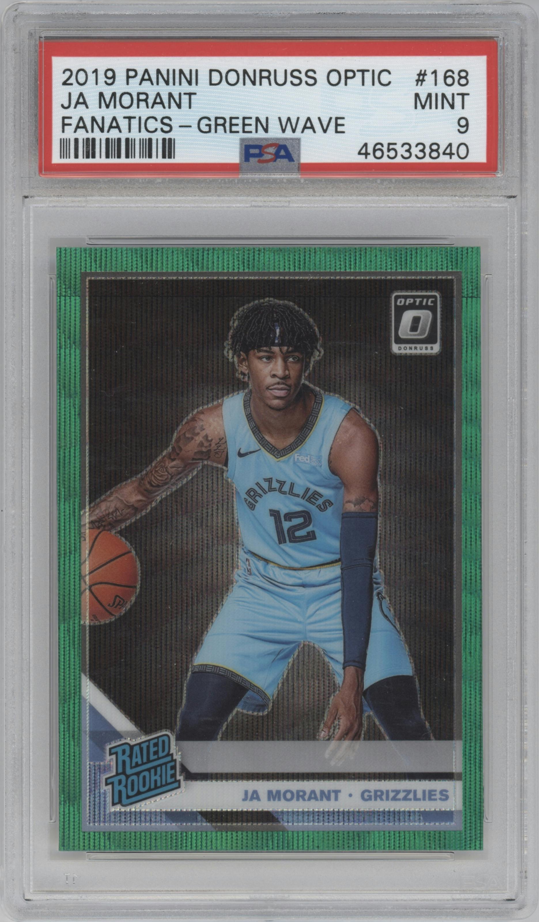 Ja Morant from the 2019-20 Panini Donruss Optic set featuring a Green Wave parallel graded by PSA and given an overall grade of 9.