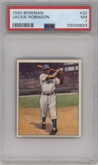 Jackie Robinson from the 1950 Bowman set graded by PSA and given an overall grade of 7.