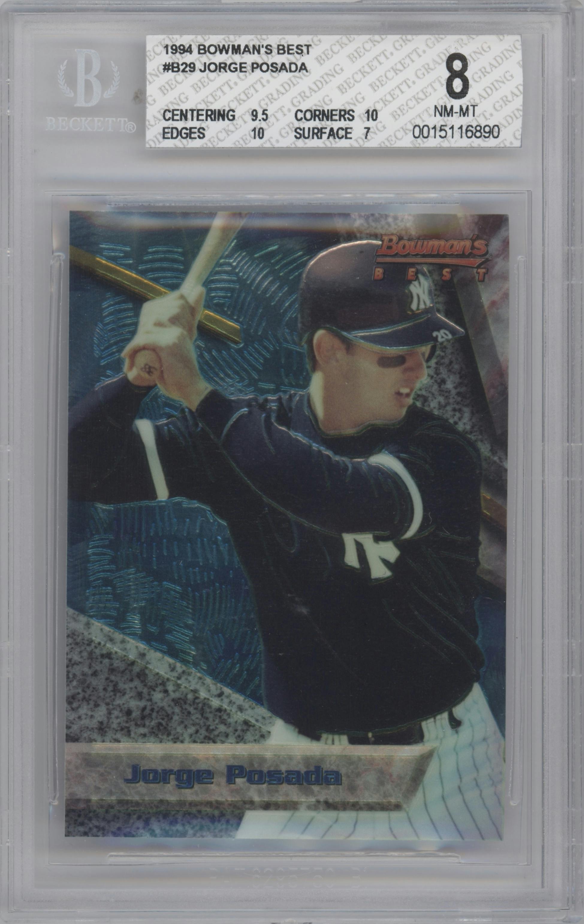 Jorge Posada from the 1994 Bowman's Best set graded by Beckett and given an overall grade of 8.