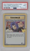Here Comes Team Rocket! from the 2021 Pokemon SWSH set featuring a Team Rocket parallel graded by PSA and given an overall grade of 9.