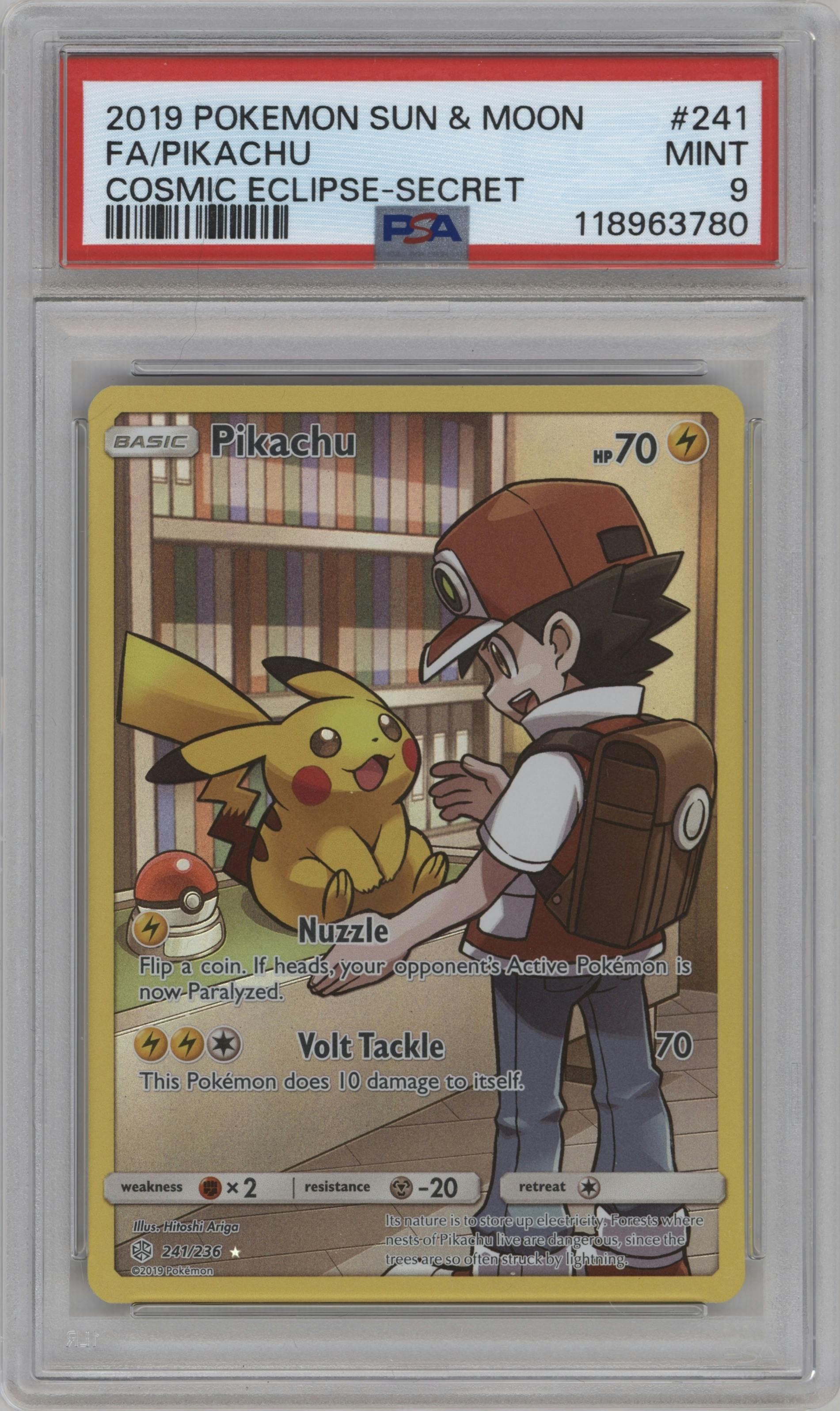 Pikachu from the 2019 Pokemon S&M  set graded by PSA and given an overall grade of 9.