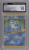 Blastoise from the 2021 Pokemon SWSH set featuring a Base Set parallel graded by CSG and given an overall grade of 10.