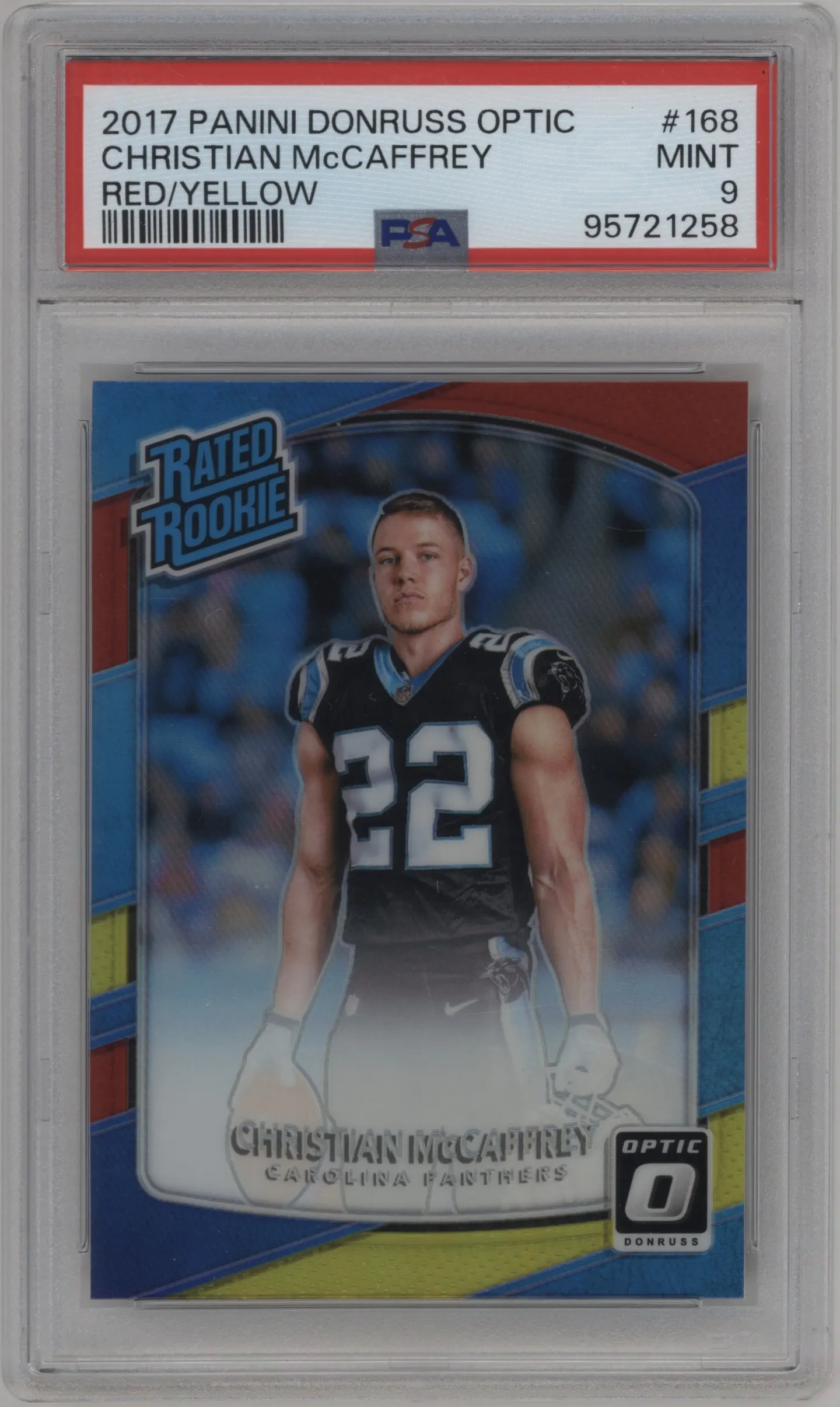 2017 Panini Donruss Optic Rated Rookie Christian McCaffrey Red/Yellow PSA 9