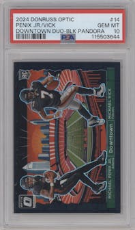 Michael Penix Jr./Michael Vick from the 2024 Donruss Optic set featuring a Black Pandora parallel graded by PSA and given an overall grade of 10.