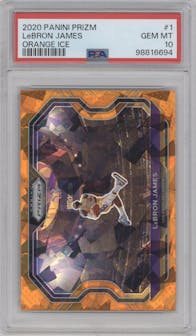 LeBron James from the 2020-21 Panini Prizm set featuring a Orange Ice parallel graded by PSA and given an overall grade of 10.