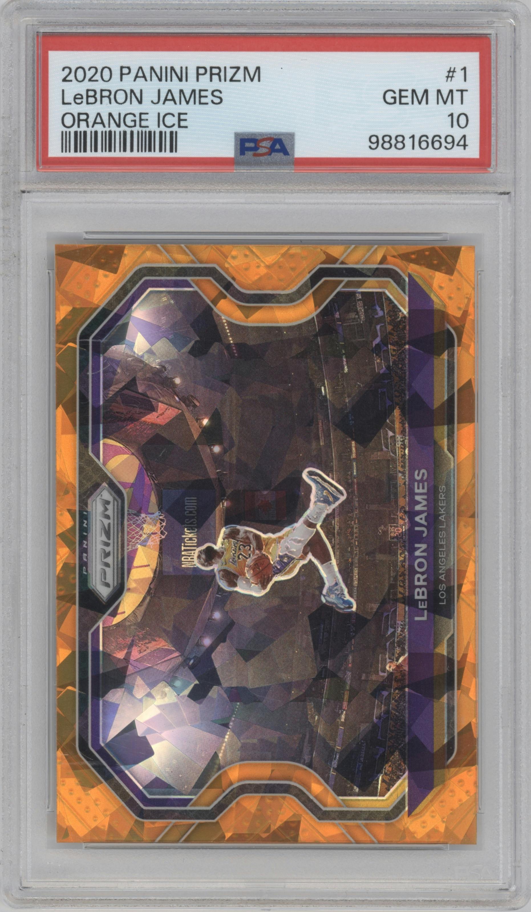 LeBron James from the 2020-21 Panini Prizm set featuring a Orange Ice parallel graded by PSA and given an overall grade of 10.