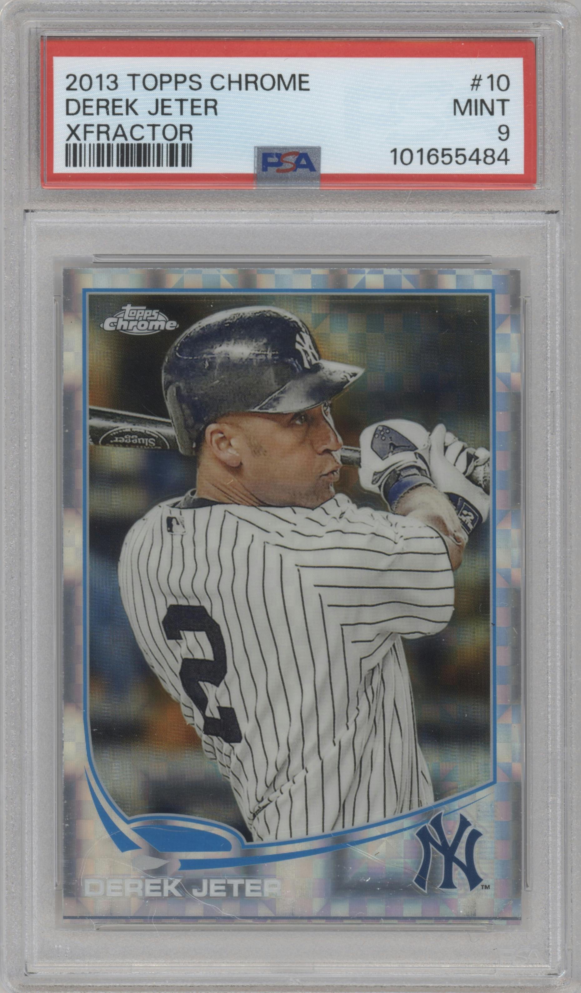Derek Jeter from the 2013 Topps Chrome set featuring a X-Fractor parallel graded by PSA and given an overall grade of 9.