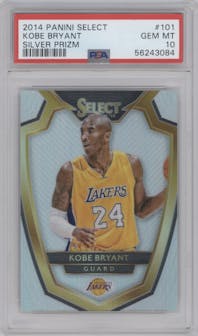 Kobe Bryant from the 2014-15 Panini Select set featuring a Silver Prizm parallel graded by PSA and given an overall grade of 10.