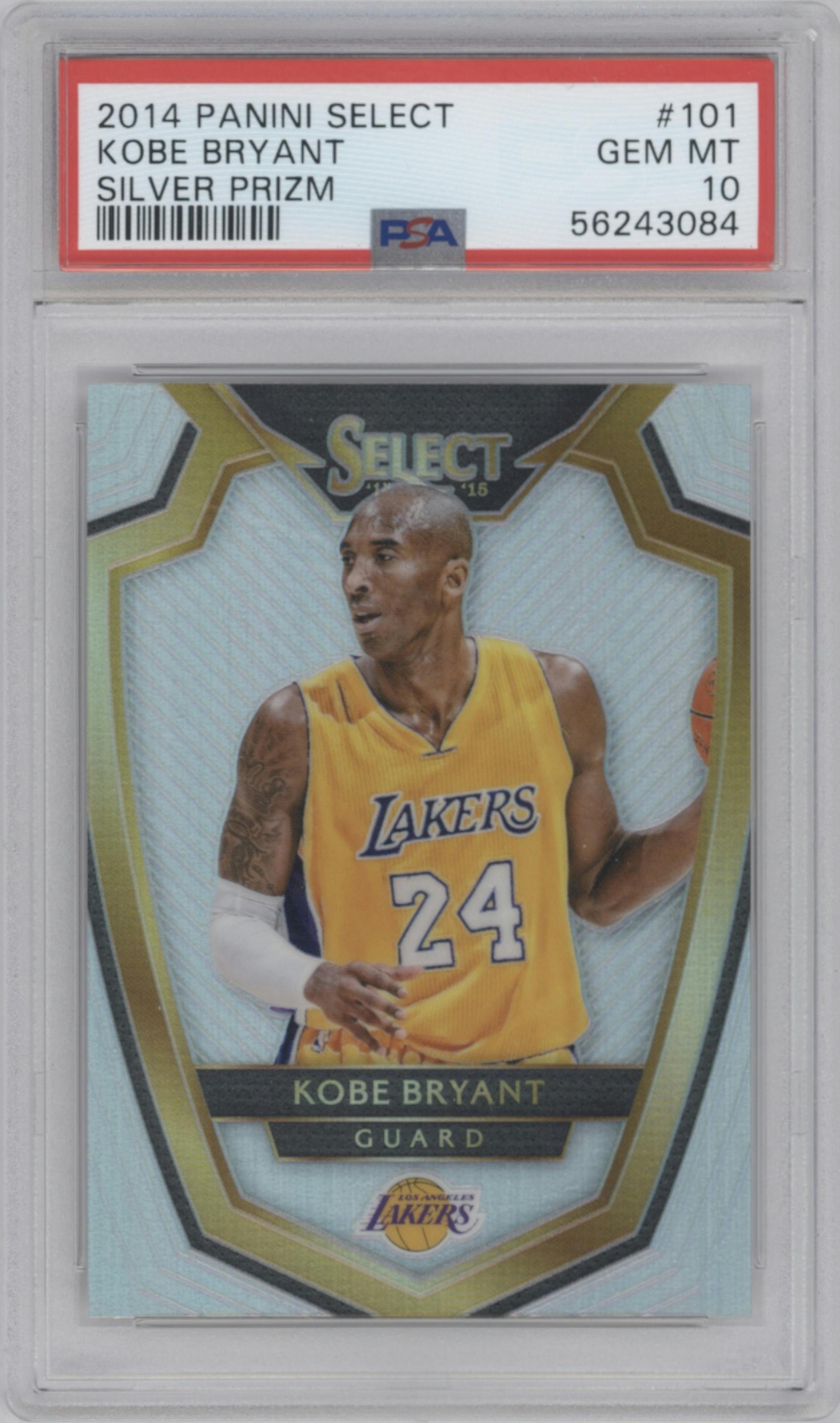 Kobe Bryant from the 2014-15 Panini Select set featuring a Silver Prizm parallel graded by PSA and given an overall grade of 10.