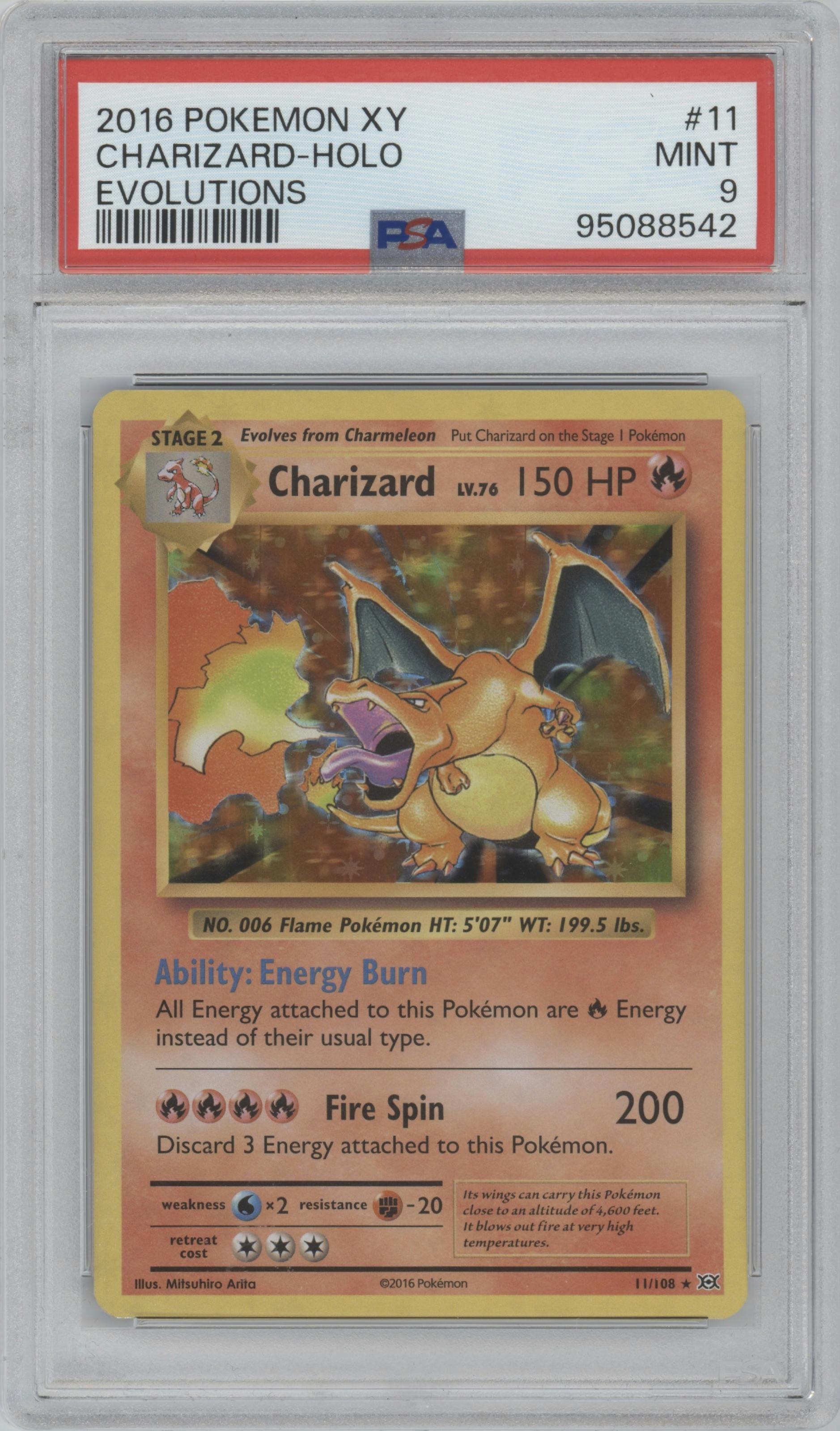 Charizard  from the 2016 Pokemon XY set graded by PSA and given an overall grade of 9.
