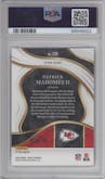 Patrick Mahomes II from the 2023 Panini Select set featuring a Tri-Color parallel graded by PSA and given an overall grade of 10.