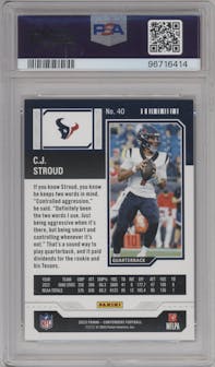 C.J. Stroud from the 2023 Panini Contenders set featuring a Conference Ticket parallel graded by PSA and given an overall grade of 9.