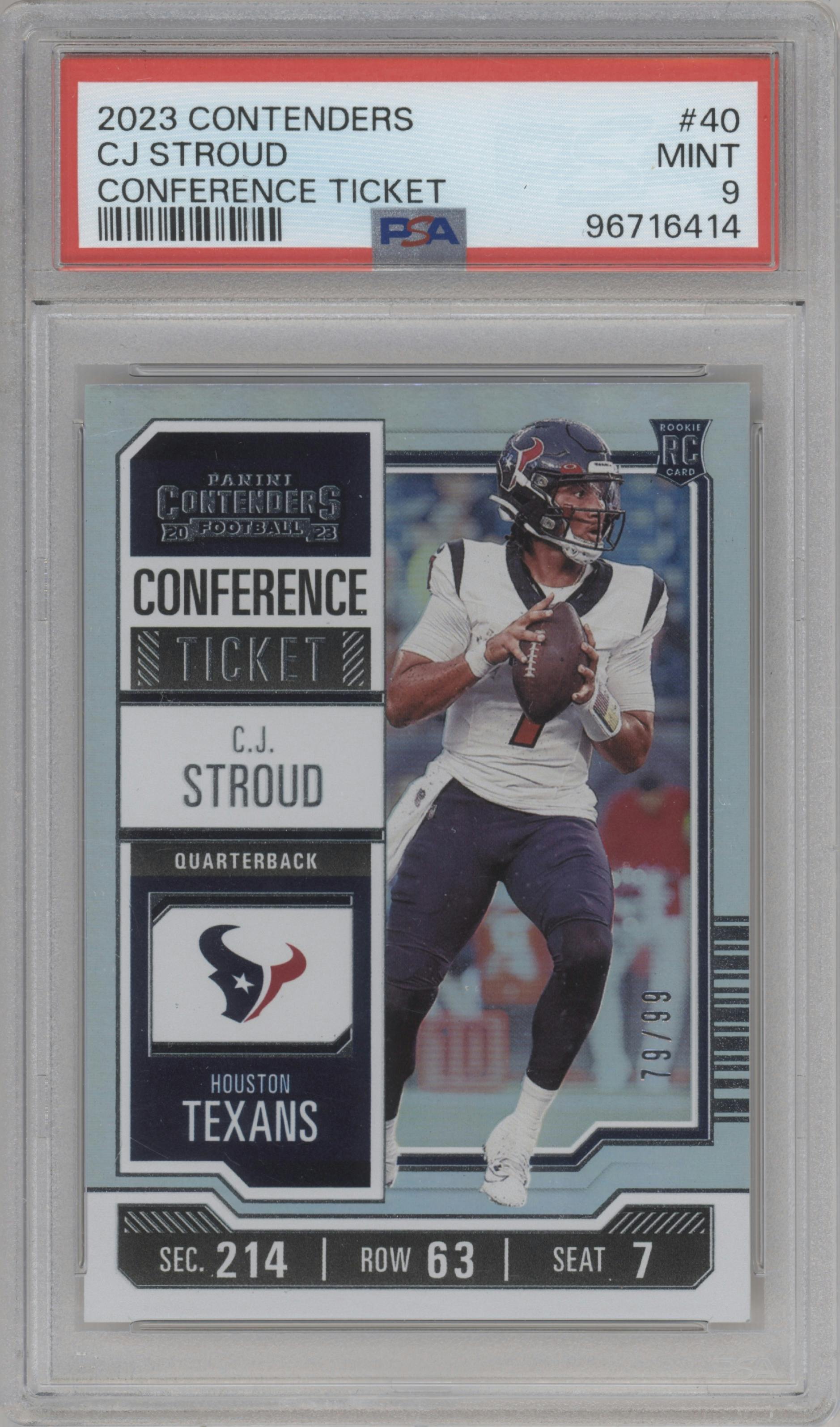C.J. Stroud from the 2023 Panini Contenders set featuring a Conference Ticket parallel graded by PSA and given an overall grade of 9.