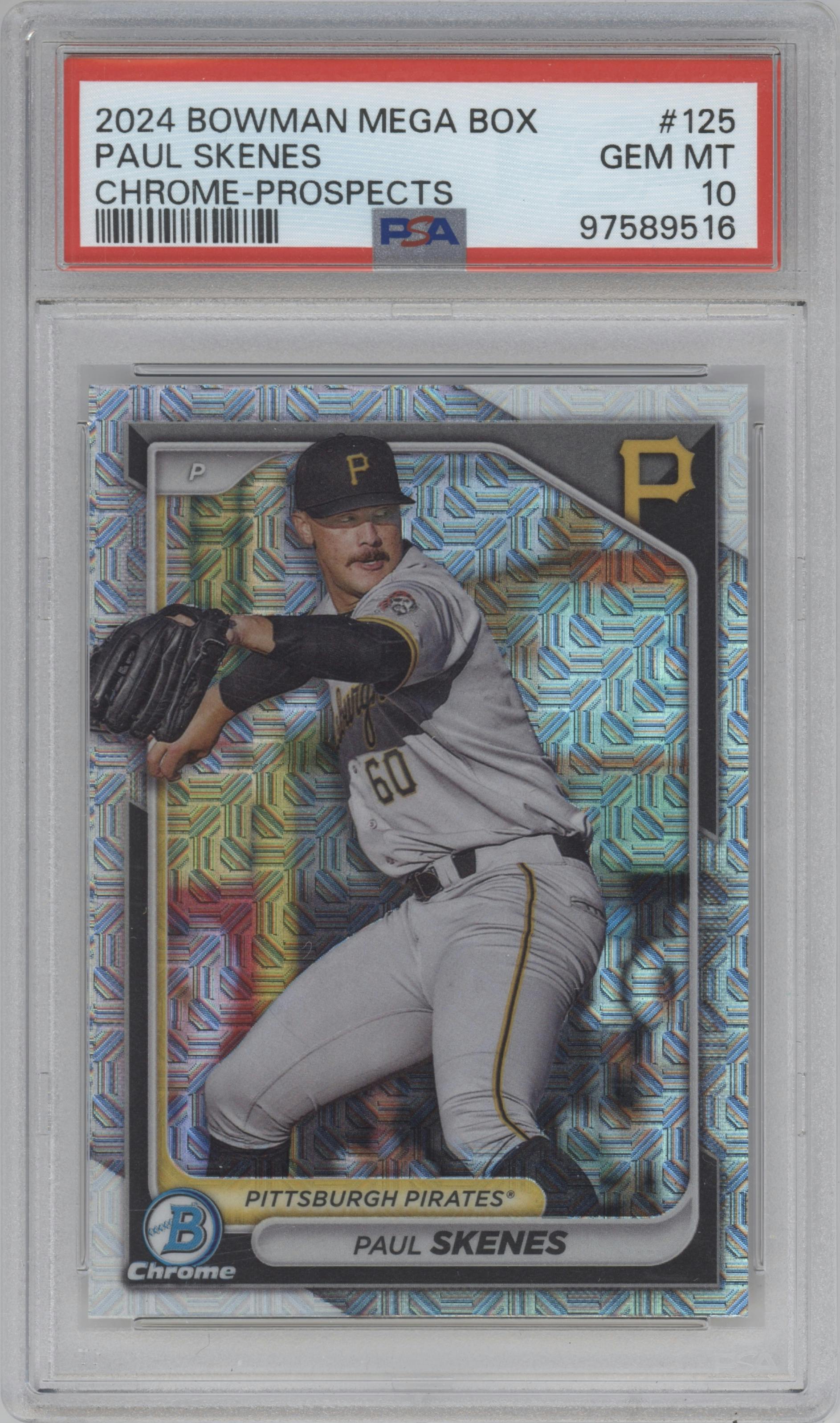 Paul Skenes from the 2024 Bowman Mega Box set graded by PSA and given an overall grade of 10.