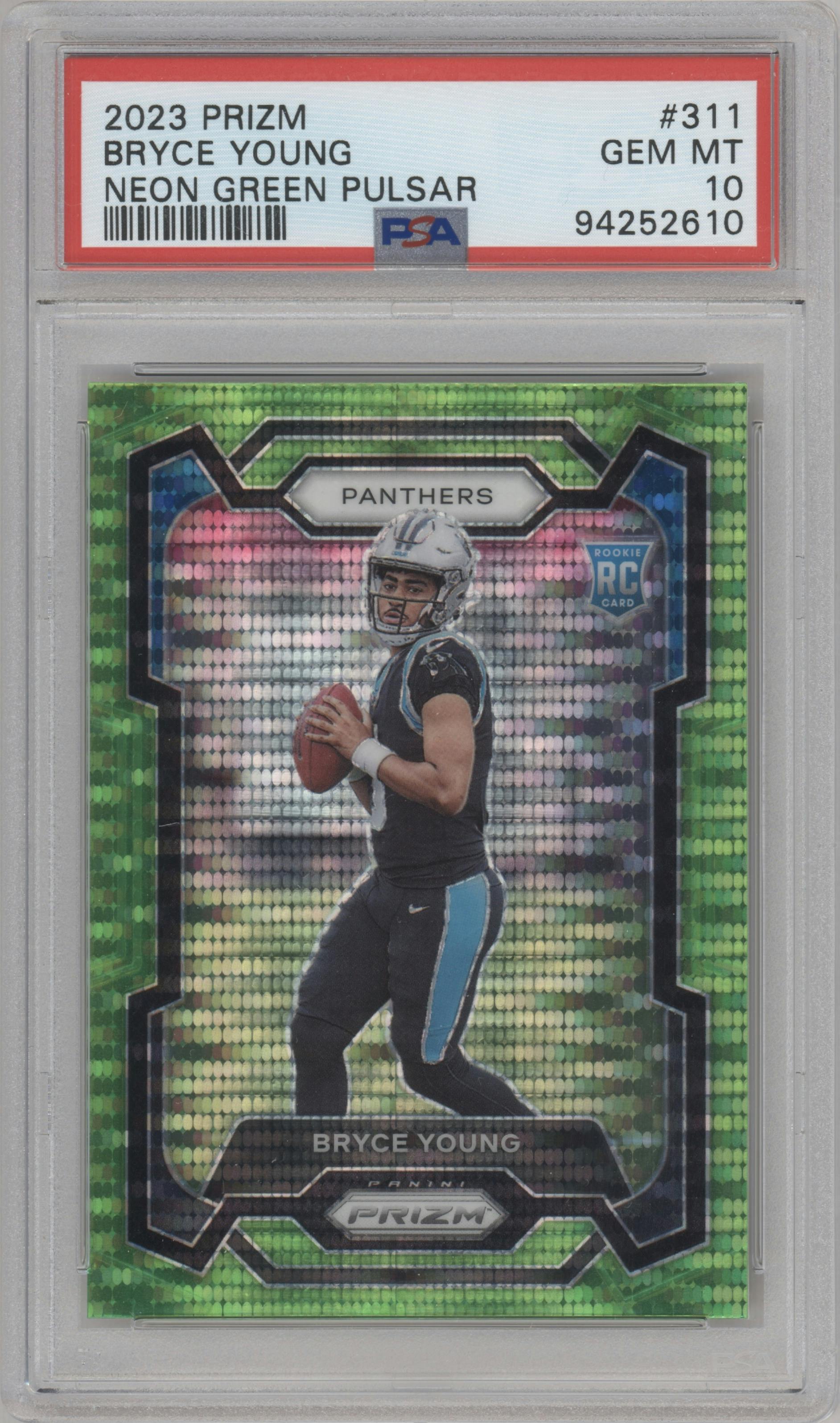 Bryce Young from the 2023 Panini Prizm set featuring a Neon Green Pulsar parallel graded by PSA and given an overall grade of 10.