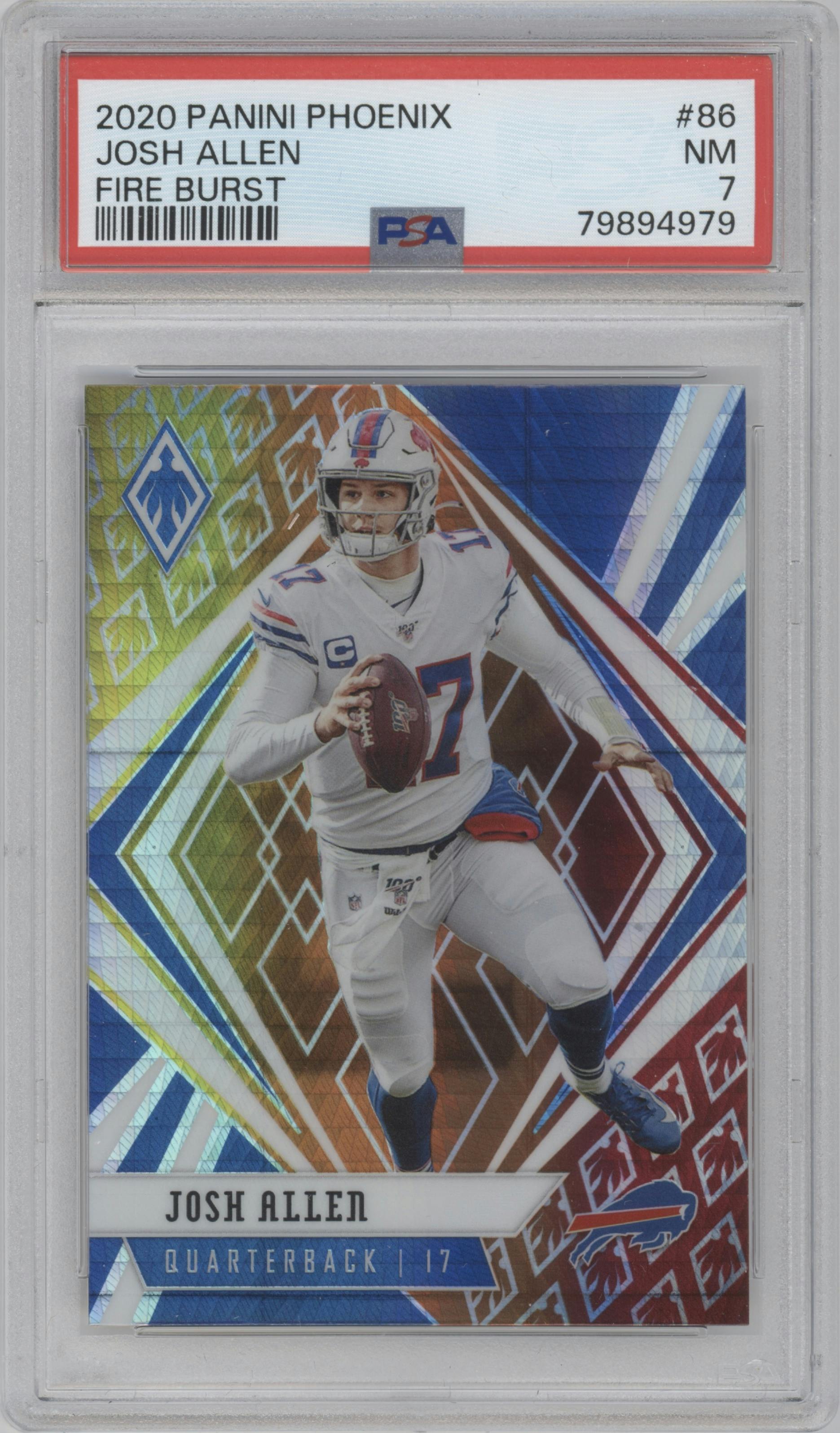 Josh Allen from the 2020 Panini Phoenix set featuring a Fire Burst parallel graded by PSA and given an overall grade of 7.