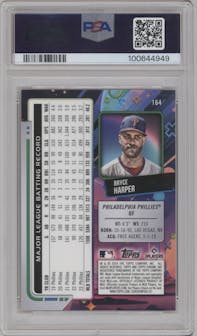 Bryce Harper from the 2024 Topps Cosmic Chrome set featuring a Superfractor parallel graded by PSA and given an overall grade of 10.