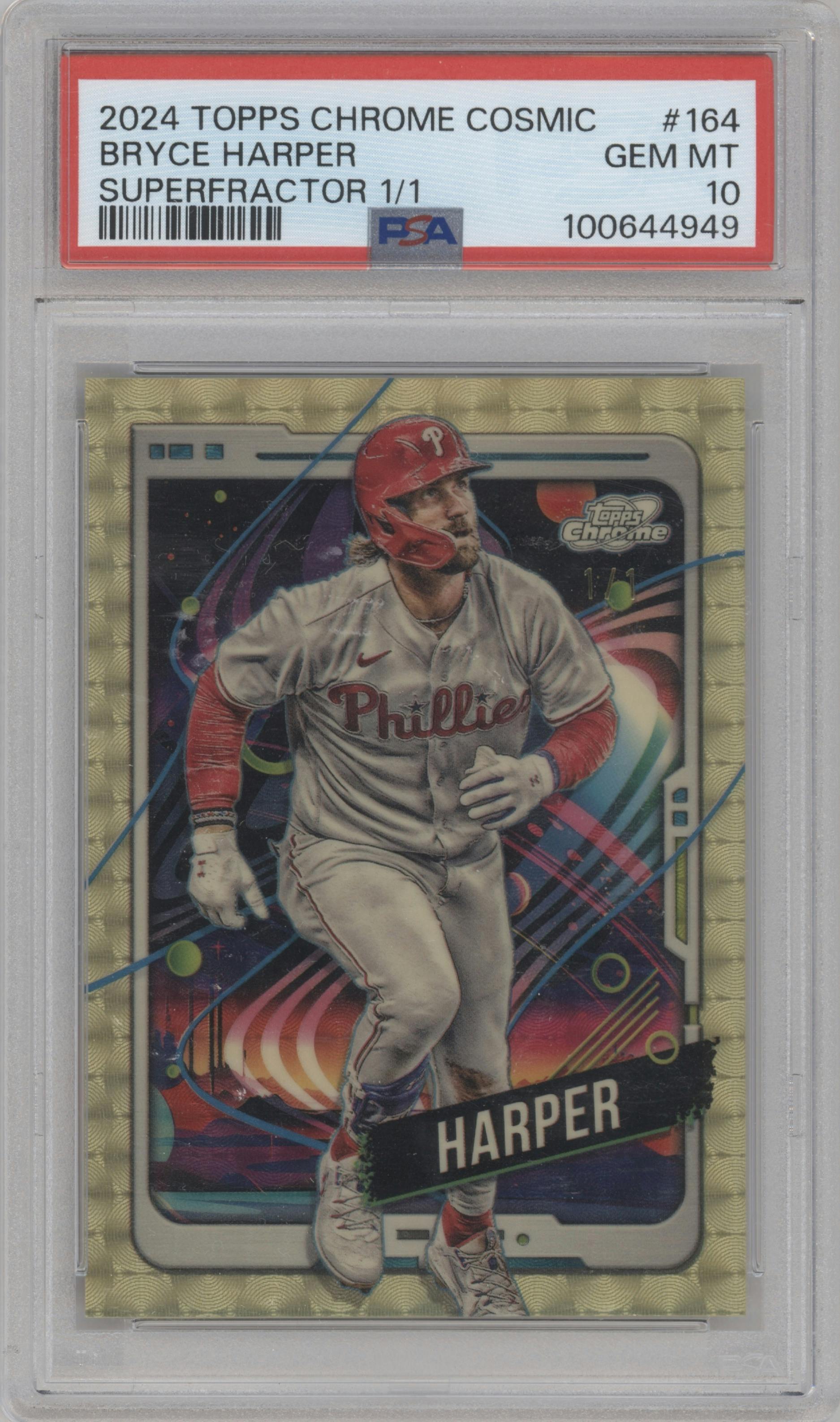 Bryce Harper from the 2024 Topps Cosmic Chrome set featuring a Superfractor parallel graded by PSA and given an overall grade of 10.