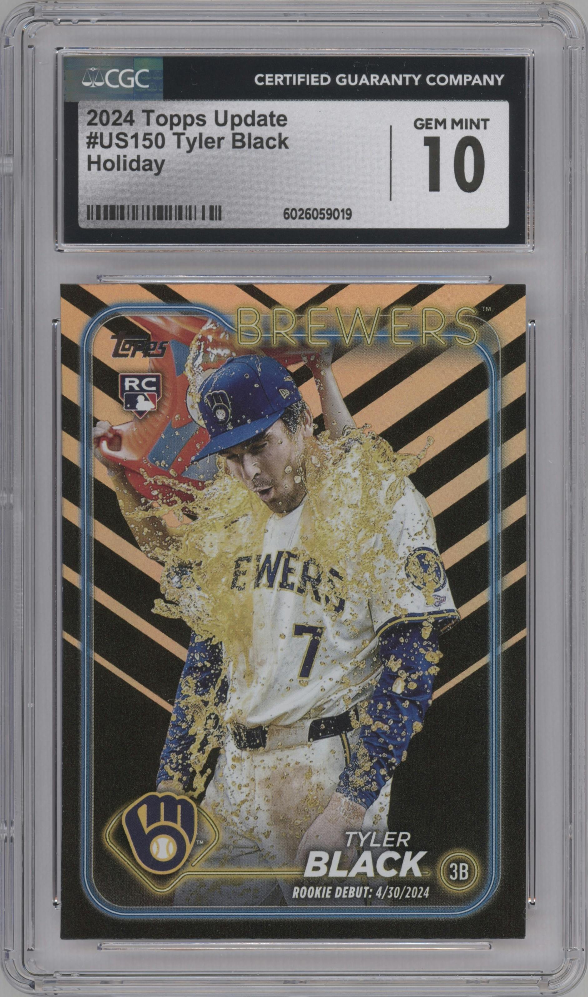 Tyler Black from the 2024 Topps Update set featuring a Holiday parallel graded by CSG and given an overall grade of 10.