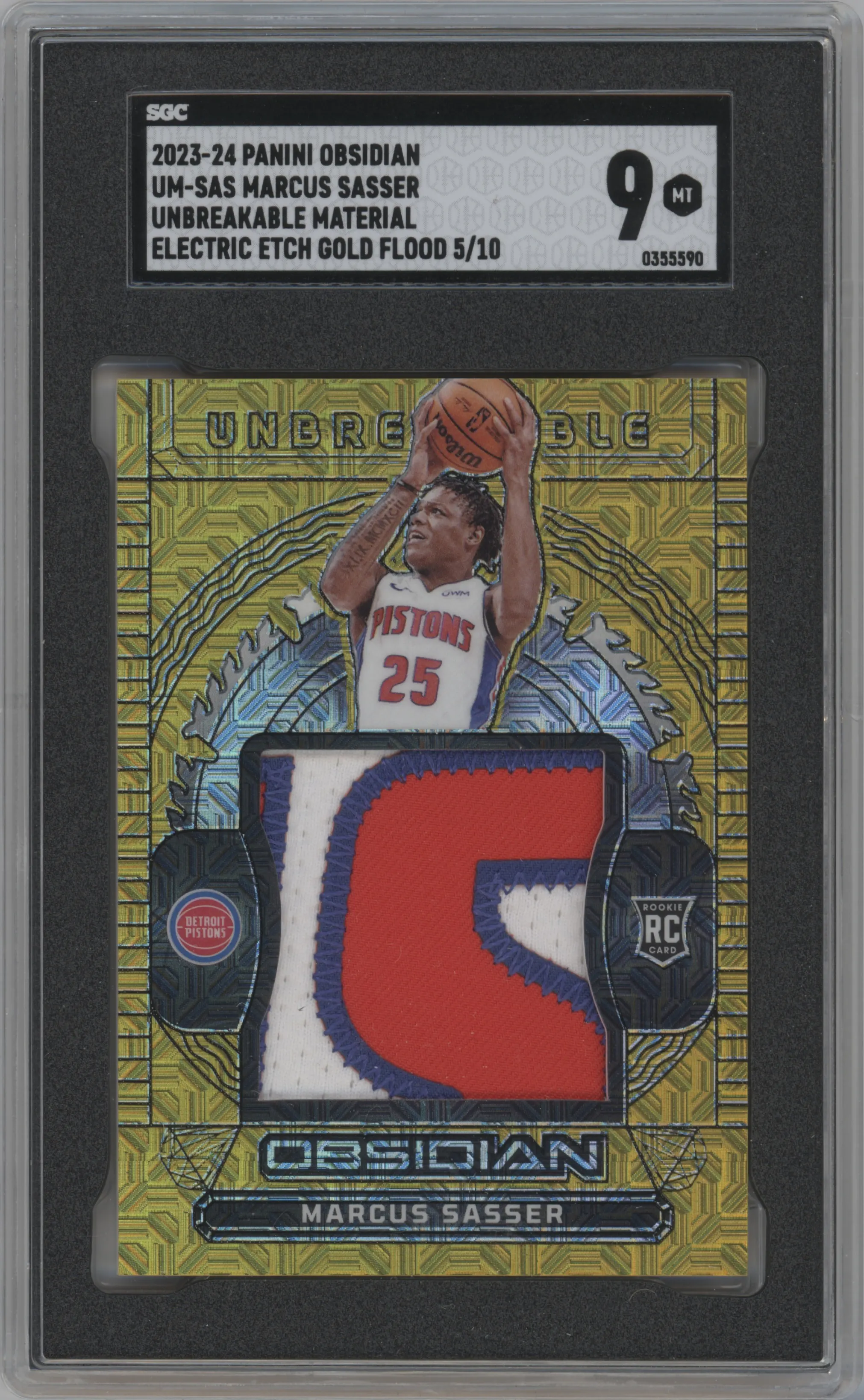 2023 Panini Obsidian Unbreakable Mem. Marcus Sasser Gold Flood SGC 9