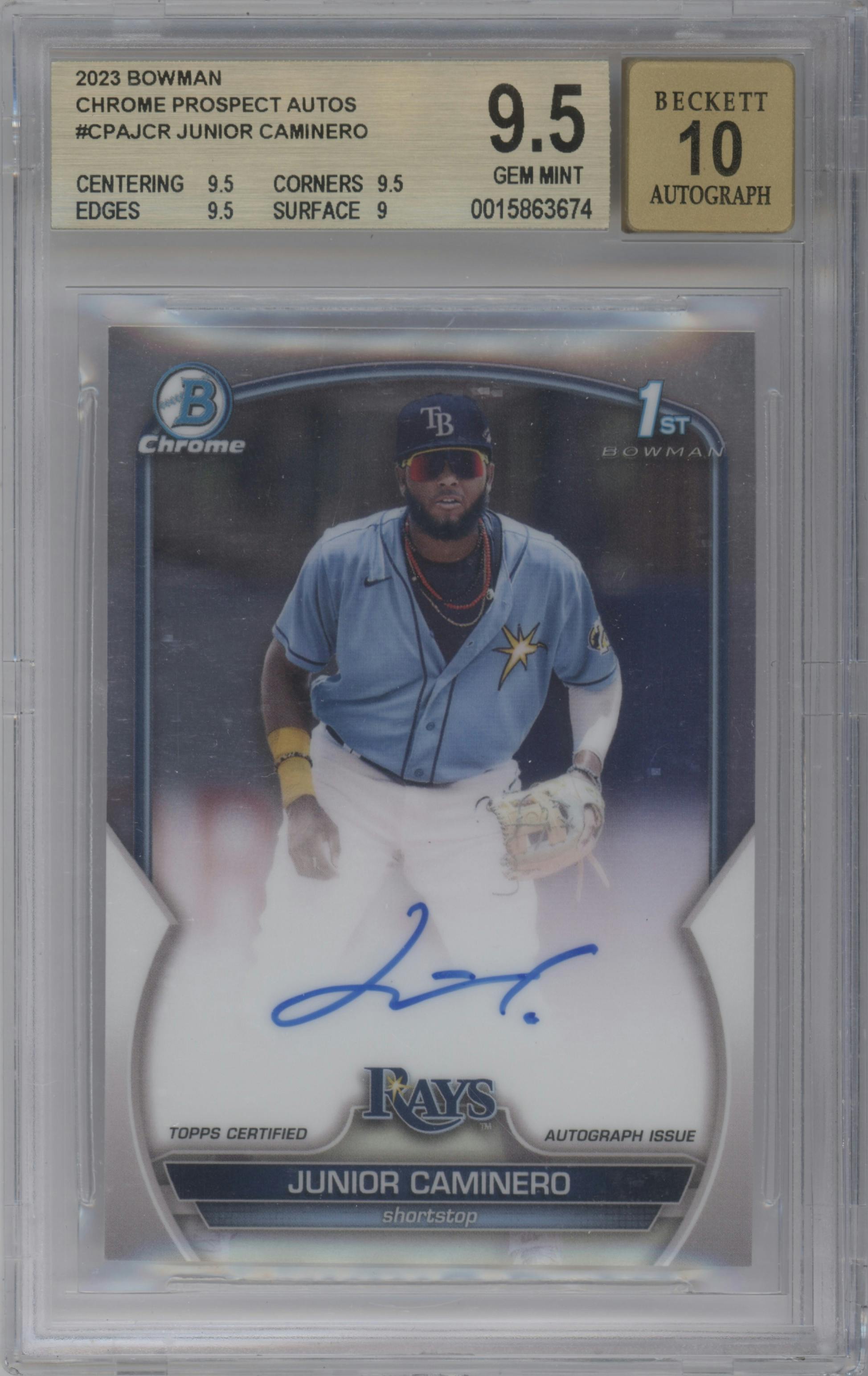 Junior Caminero from the 2023 Bowman  set graded by Beckett and given an overall grade of 9.5.