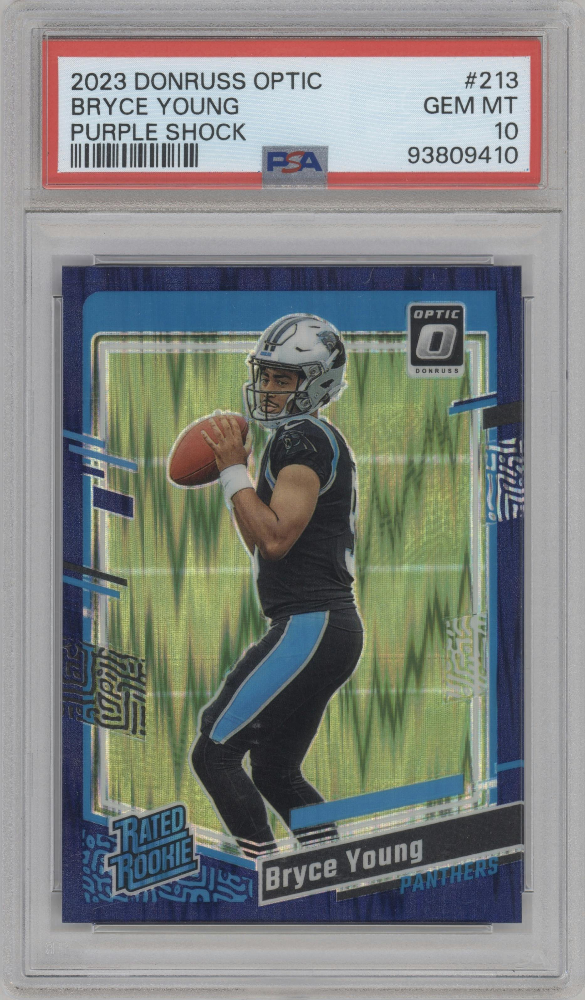 Bryce Young from the 2023 Donruss Optic set featuring a  Purple Shock parallel graded by PSA and given an overall grade of 10.