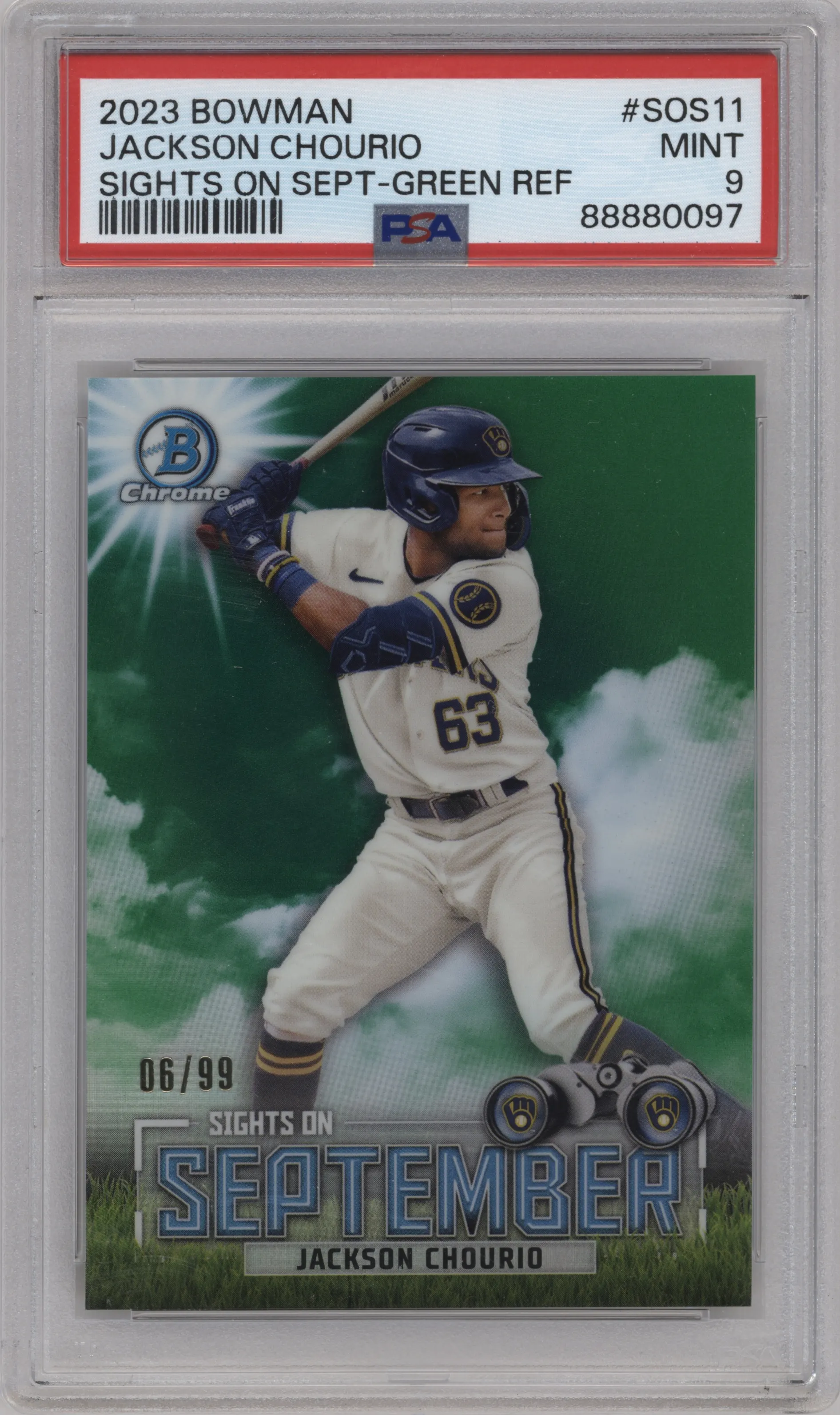 2023 Bowman Sights on Sept. Jackson Chourio Green Refractor PSA 9