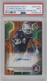 Tetairoa McMillan from the 2023 Bowman University's Best  set featuring a Orange Geometric parallel graded by PSA and given an overall grade of 9.
