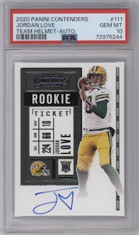 Jordan Love from the 2020 Panini Contenders set graded by PSA and given an overall grade of 10.
