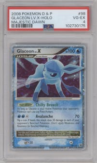 Glaceon Lv.X from the 2008 Pokemon D&P set graded by PSA and given an overall grade of 4.