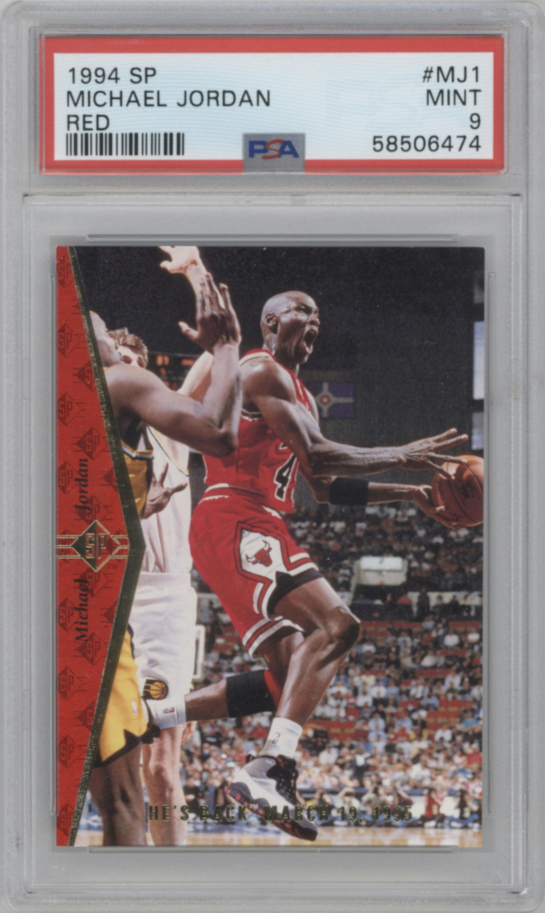 Michael Jordan from the 1994-95 SP set featuring a Red parallel graded by PSA and given an overall grade of 9.