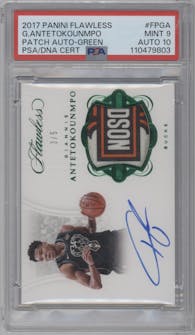 Giannis Antetokounmpo from the 2017-18 Panini Flawless set featuring a Green parallel graded by PSA and given an overall grade of 9.