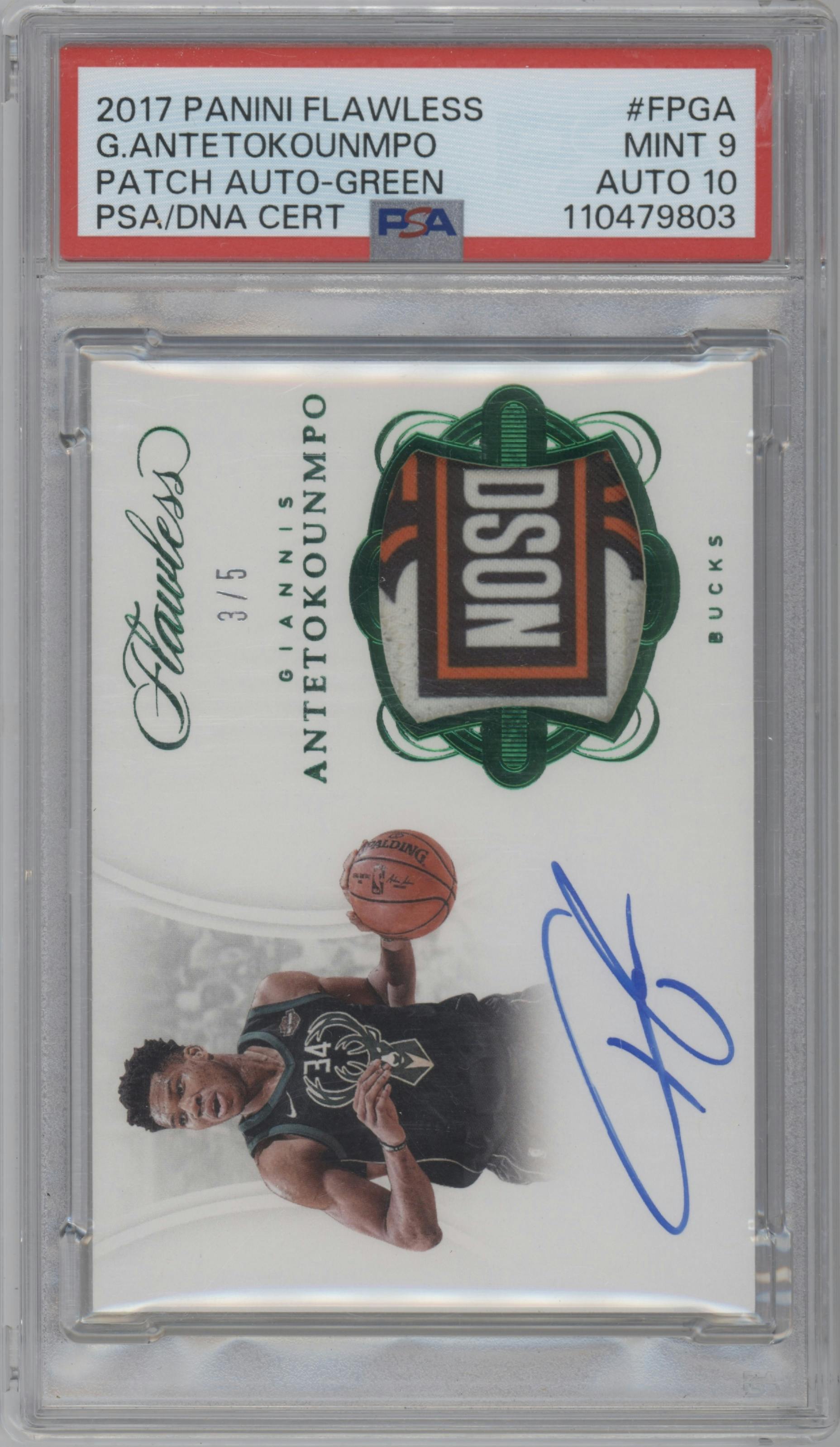 Giannis Antetokounmpo from the 2017-18 Panini Flawless set featuring a Green parallel graded by PSA and given an overall grade of 9.