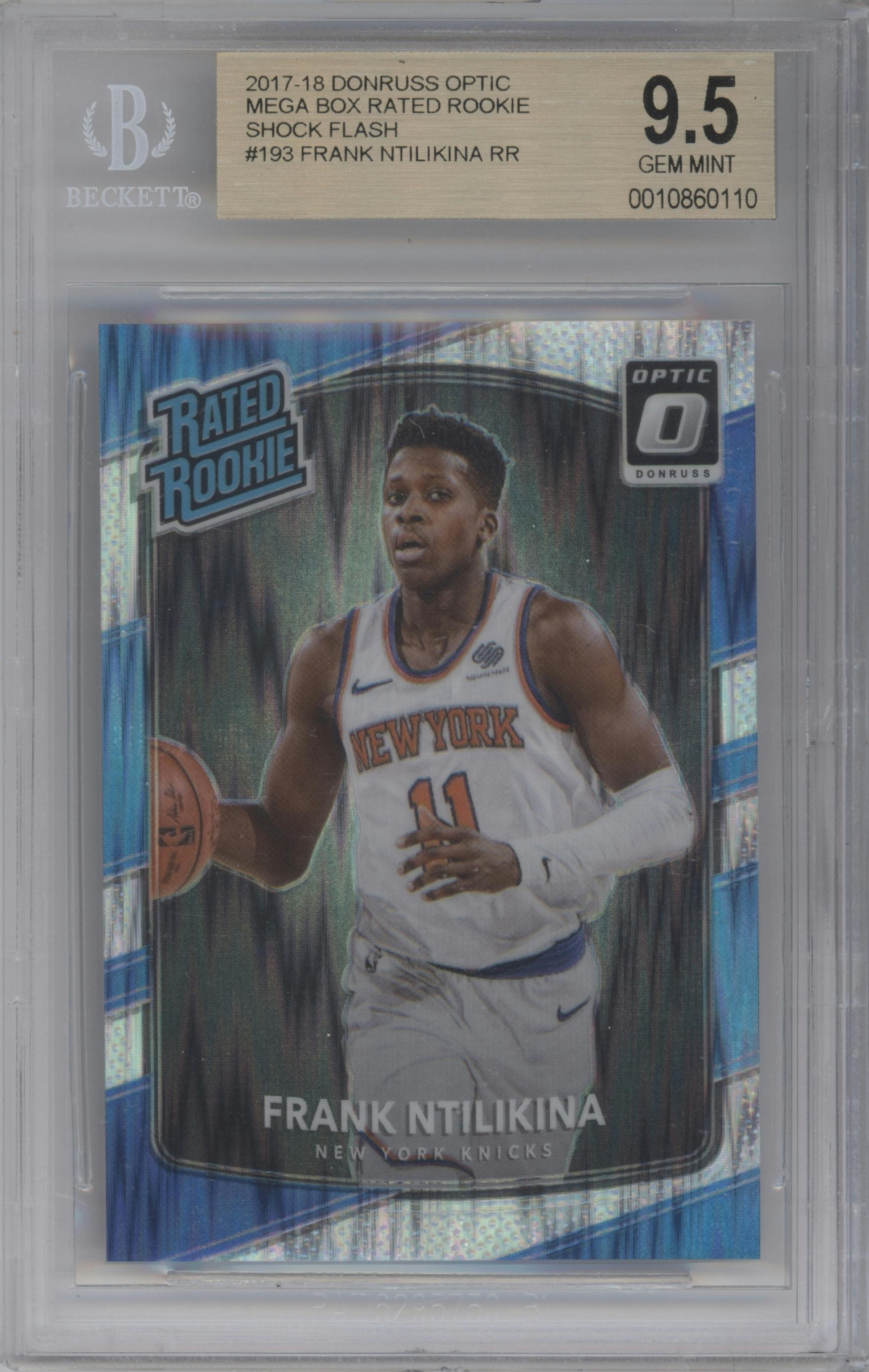 Frank Ntilikina from the 2017-18 Panini Donruss Optic set featuring a Shock parallel graded by Beckett and given an overall grade of 9.5.