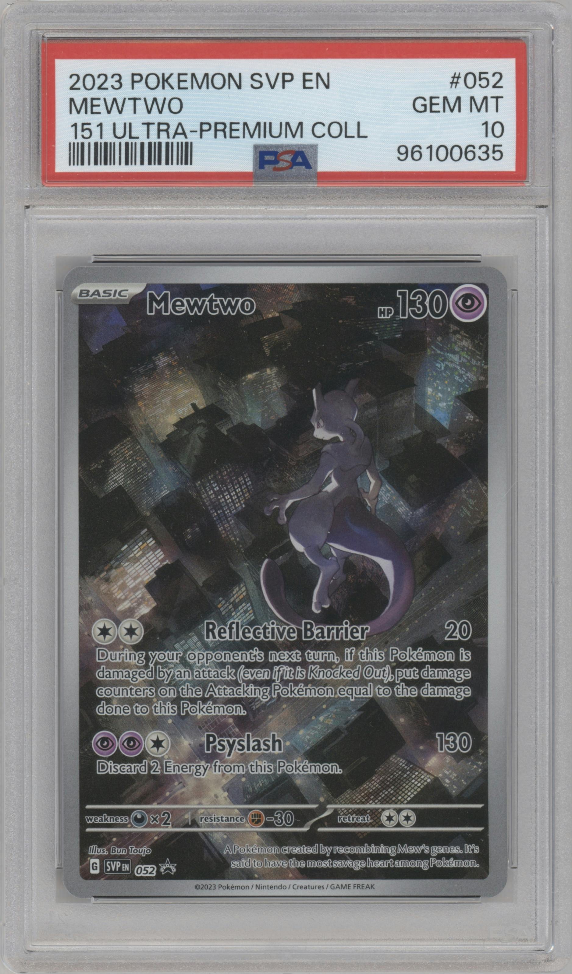 Mewtwo from the 2023 Pokemon SV set featuring a Scarlet & Violet 151 Ultra Premium Collection parallel graded by PSA and given an overall grade of 10.