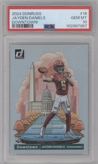 Jayden Daniels from the 2024 Donruss set graded by PSA and given an overall grade of 10.