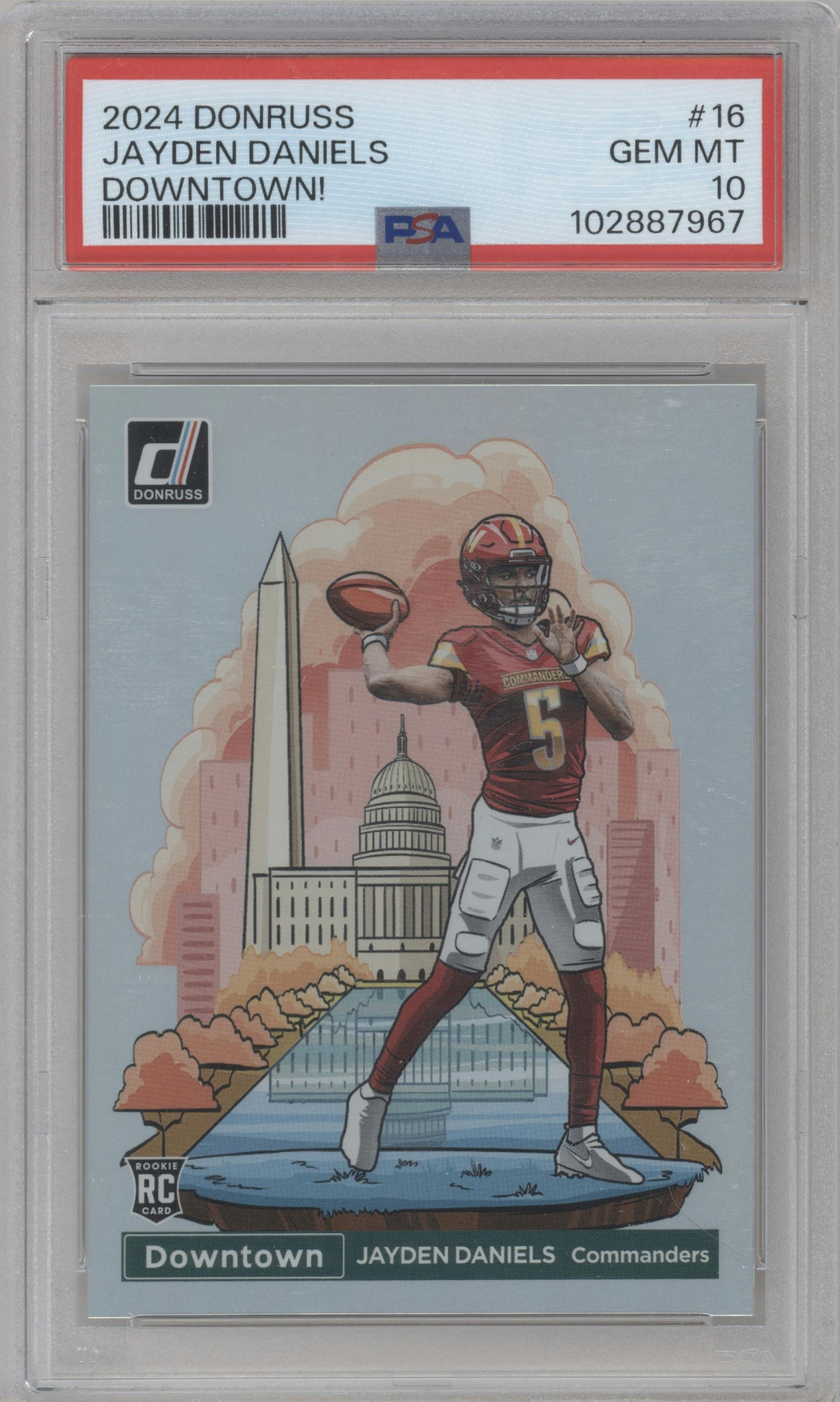 Jayden Daniels from the 2024 Donruss set graded by PSA and given an overall grade of 10.