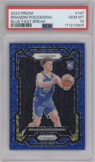 Brandin Podziemski from the 2023-24 Panini Prizm set featuring a Fast Break Blue Prizm parallel graded by PSA and given an overall grade of 10.