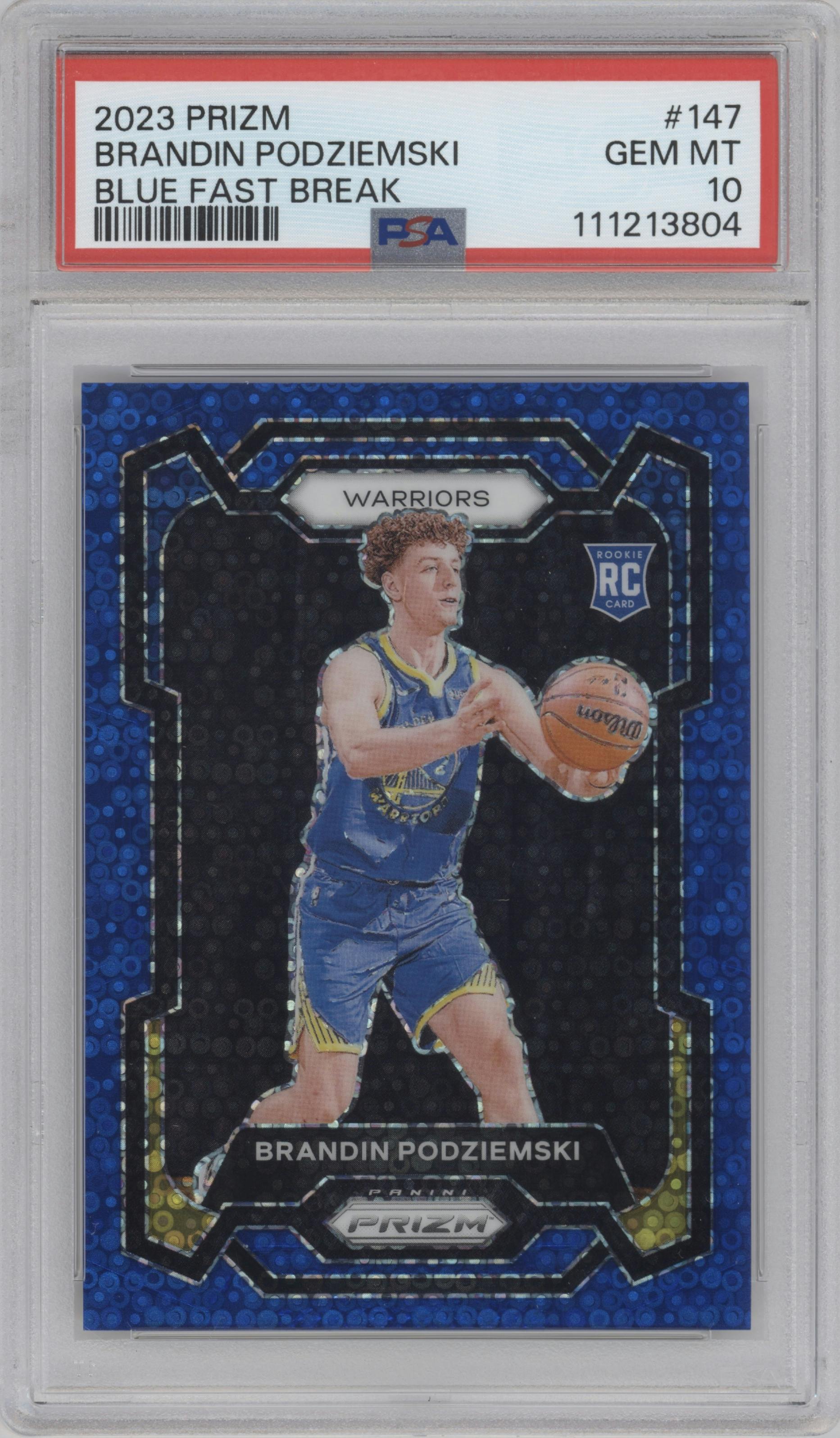 Brandin Podziemski from the 2023-24 Panini Prizm set featuring a Fast Break Blue Prizm parallel graded by PSA and given an overall grade of 10.