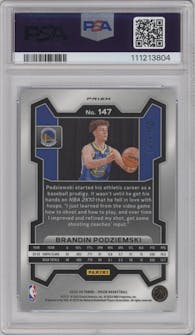 Brandin Podziemski from the 2023-24 Panini Prizm set featuring a Fast Break Blue Prizm parallel graded by PSA and given an overall grade of 10.
