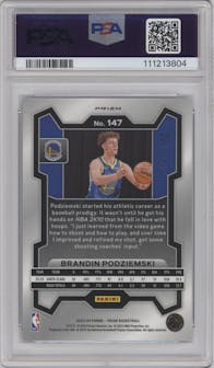 Brandin Podziemski from the 2023-24 Panini Prizm set featuring a Fast Break Blue Prizm parallel graded by PSA and given an overall grade of 10.