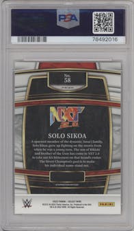 Solo Sikoa from the 2022 Panini Select WWE set featuring a Orange Flash parallel graded by PSA and given an overall grade of 9.