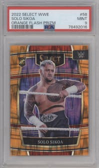 Solo Sikoa from the 2022 Panini Select WWE set featuring a Orange Flash parallel graded by PSA and given an overall grade of 9.