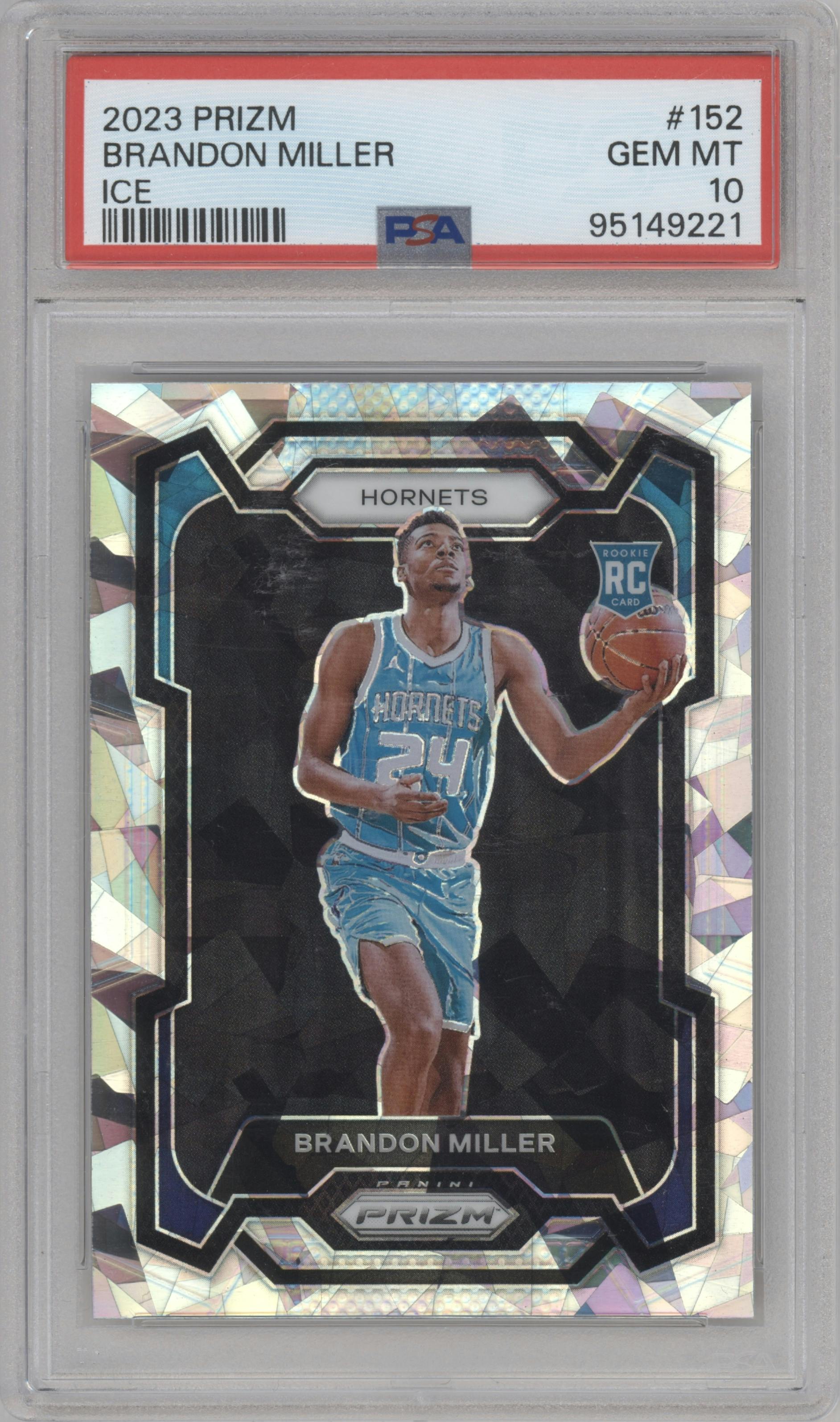 Brandon Miller from the 2023-24 Panini Prizm set featuring a Ice Prizm parallel graded by PSA and given an overall grade of 10.