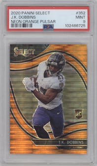 J.K. Dobbins from the 2020 Panini Select set featuring a Neon Orange Pulsar parallel graded by PSA and given an overall grade of 9.