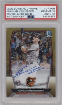Gunnar Henderson from the 2023 Bowman Chrome set featuring a Gold Refractor parallel graded by PSA and given an overall grade of 10.