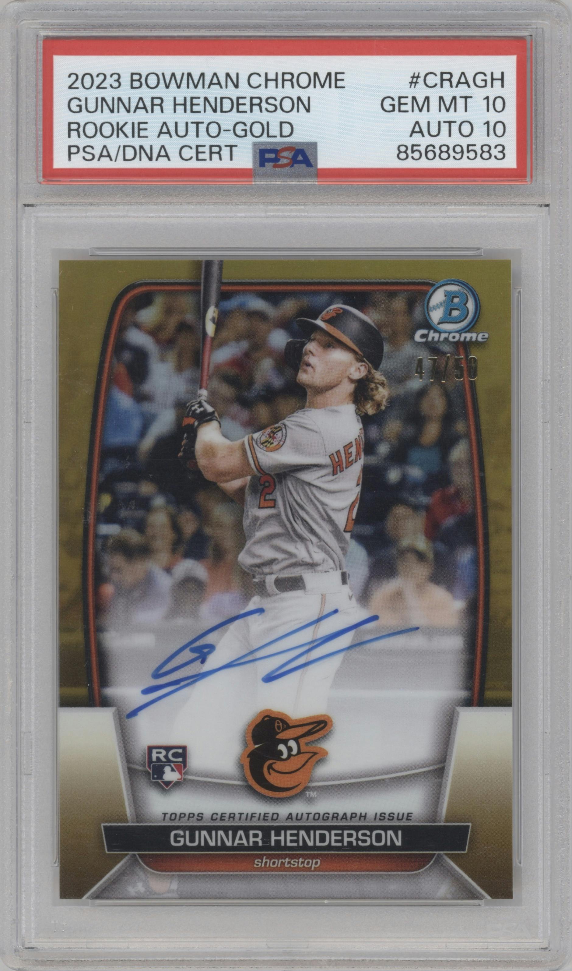 Gunnar Henderson from the 2023 Bowman Chrome set featuring a Gold Refractor parallel graded by PSA and given an overall grade of 10.