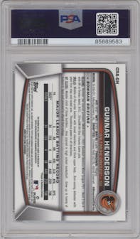 Gunnar Henderson from the 2023 Bowman Chrome set featuring a Gold Refractor parallel graded by PSA and given an overall grade of 10.
