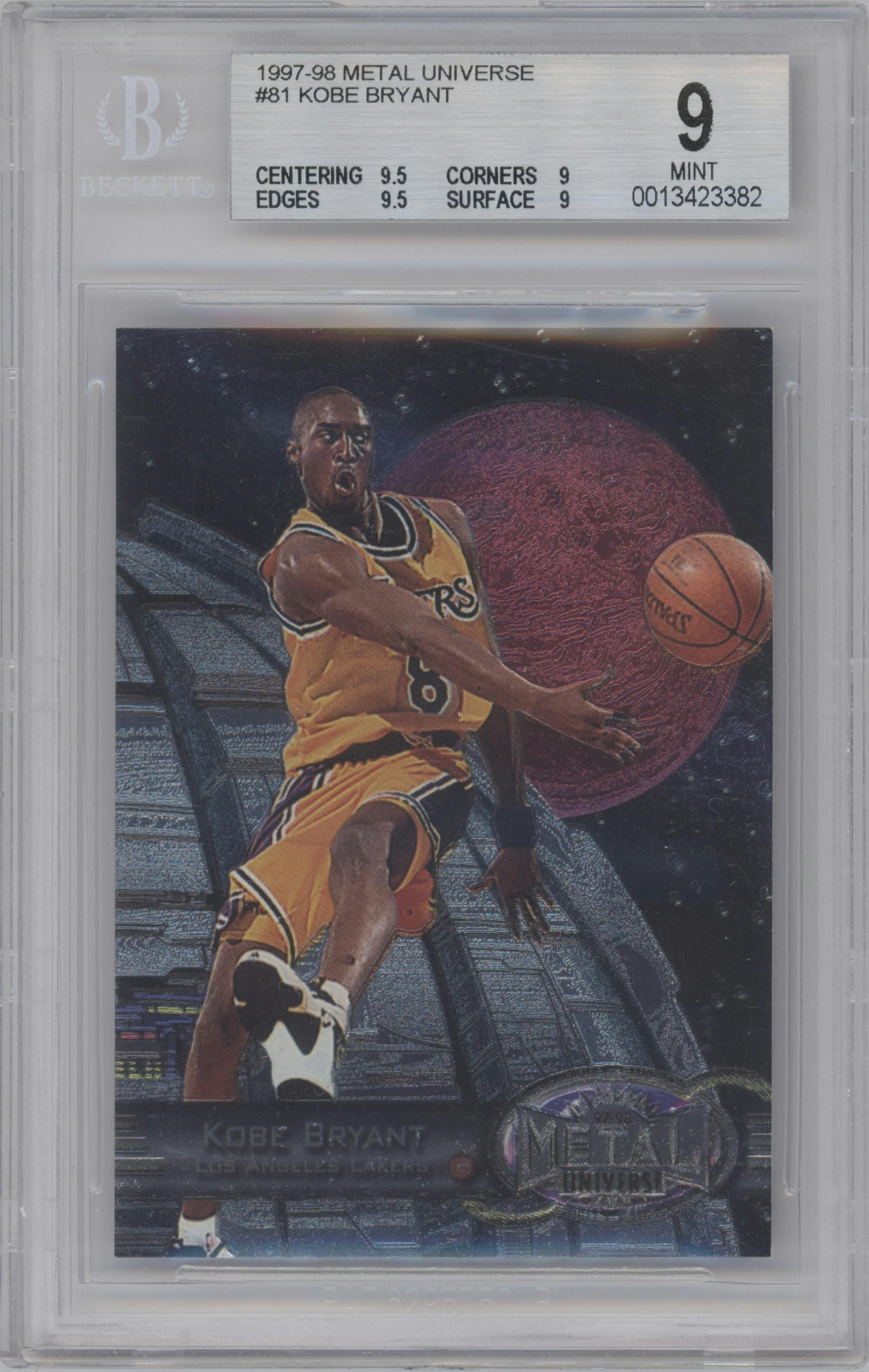 Kobe Bryant from the 1997-98 Metal Universe set graded by Beckett and given an overall grade of 9.